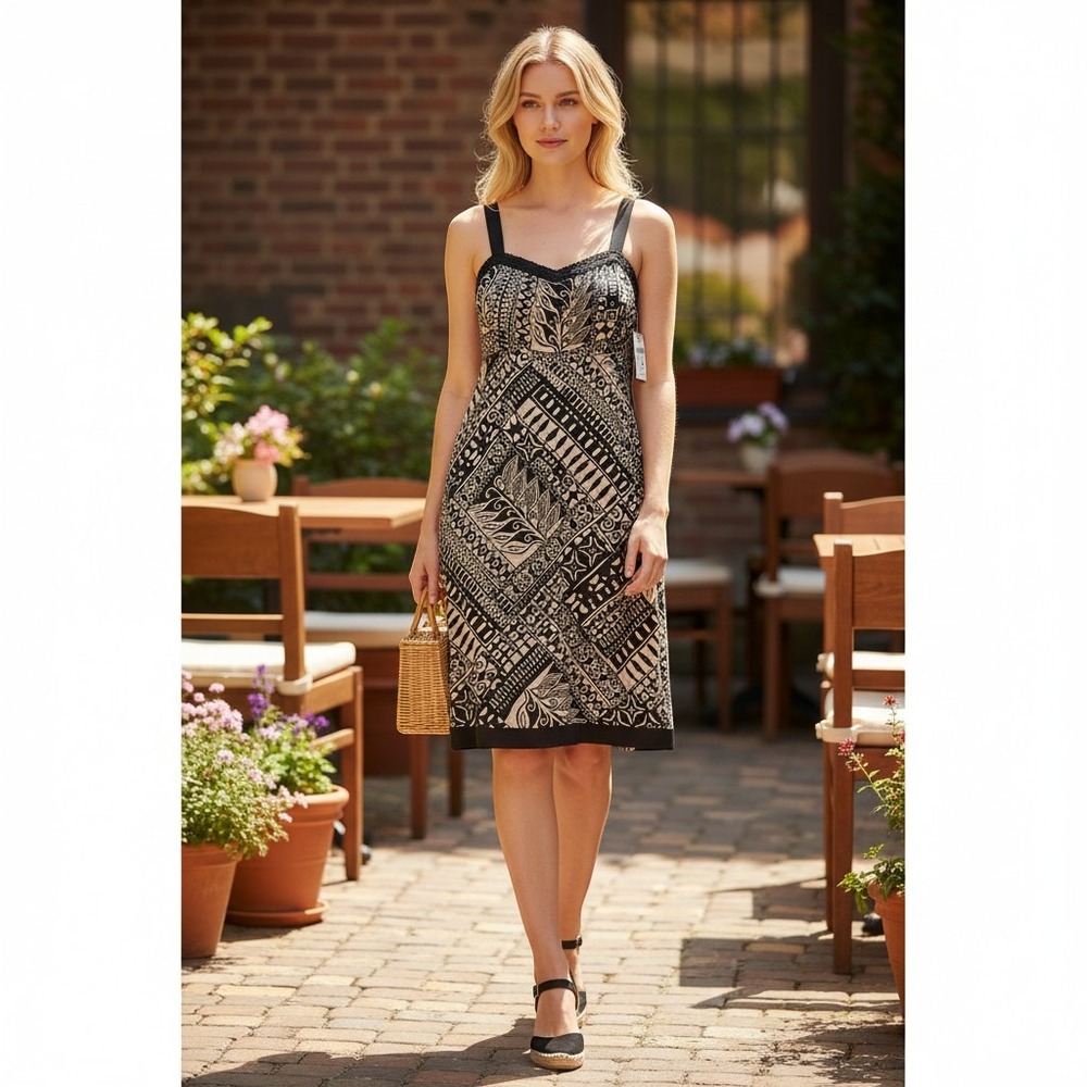 R&K Originals Women Tribal Geometric Print Sheath Dress Black Tan Size 18 NWT